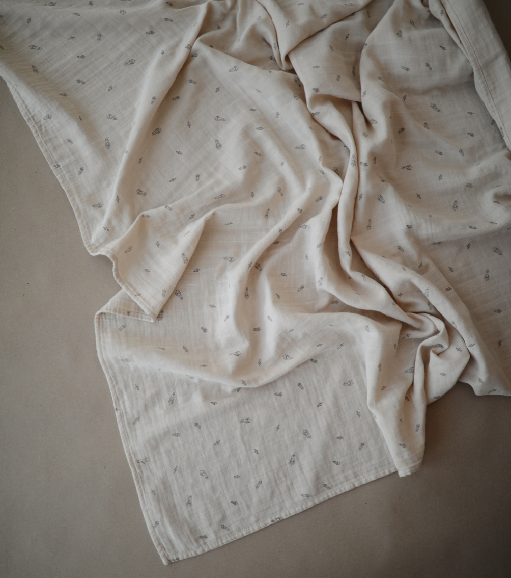Load image into Gallery viewer, Muslin Swaddle Blanket Organic Cotton (Rocket Ship)
