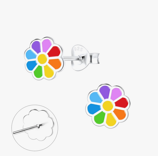 Fun Sterling Silver Stud Earrings in A Glass Bottle - Rainbow Flower