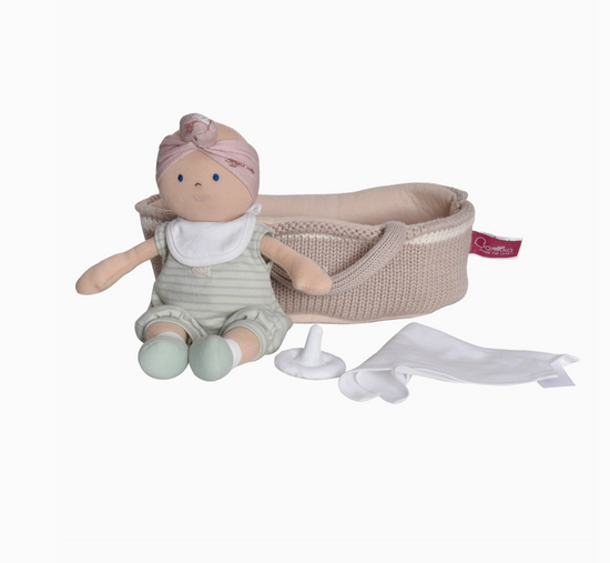 Load image into Gallery viewer, Knitted Carry Cot W/Remi Baby Light Skin, Soother &amp;amp; Blanket
