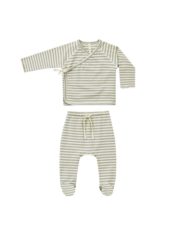 Wrap Top + Footed Pant Set - Sage Stripe