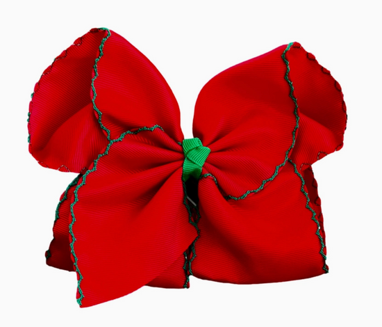 Red with Green Moon Stitch Bow - Nylon Headband