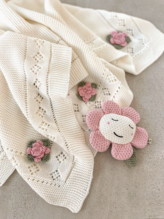 Flower Pointelle Knit Baby Blanket & Flower Rattle Gift Set