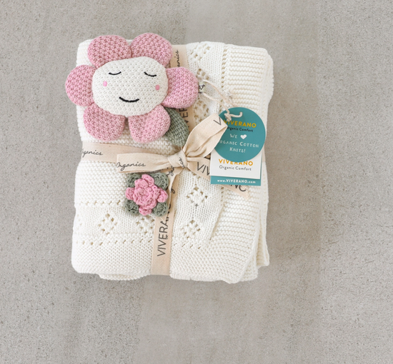 Flower Pointelle Knit Baby Blanket & Flower Rattle Gift Set