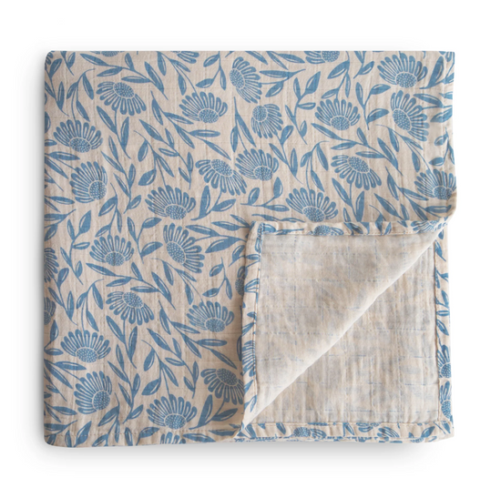 Muslin Swaddle Blanket Organic Cotton (Blue Flowers)