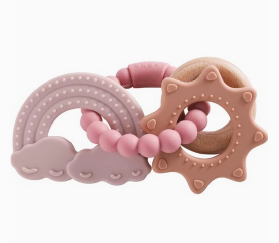 Catalina Rattle Teether Silicone and Beechwood - Misty Rose Rainbow