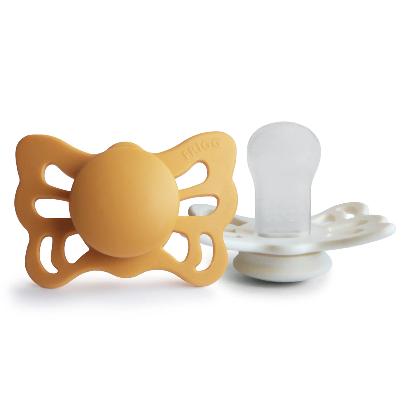FRIGG Butterfly Anatomical Silicone Pacifier 2-Pack (0-6 Months) - Honey Gold/Cream