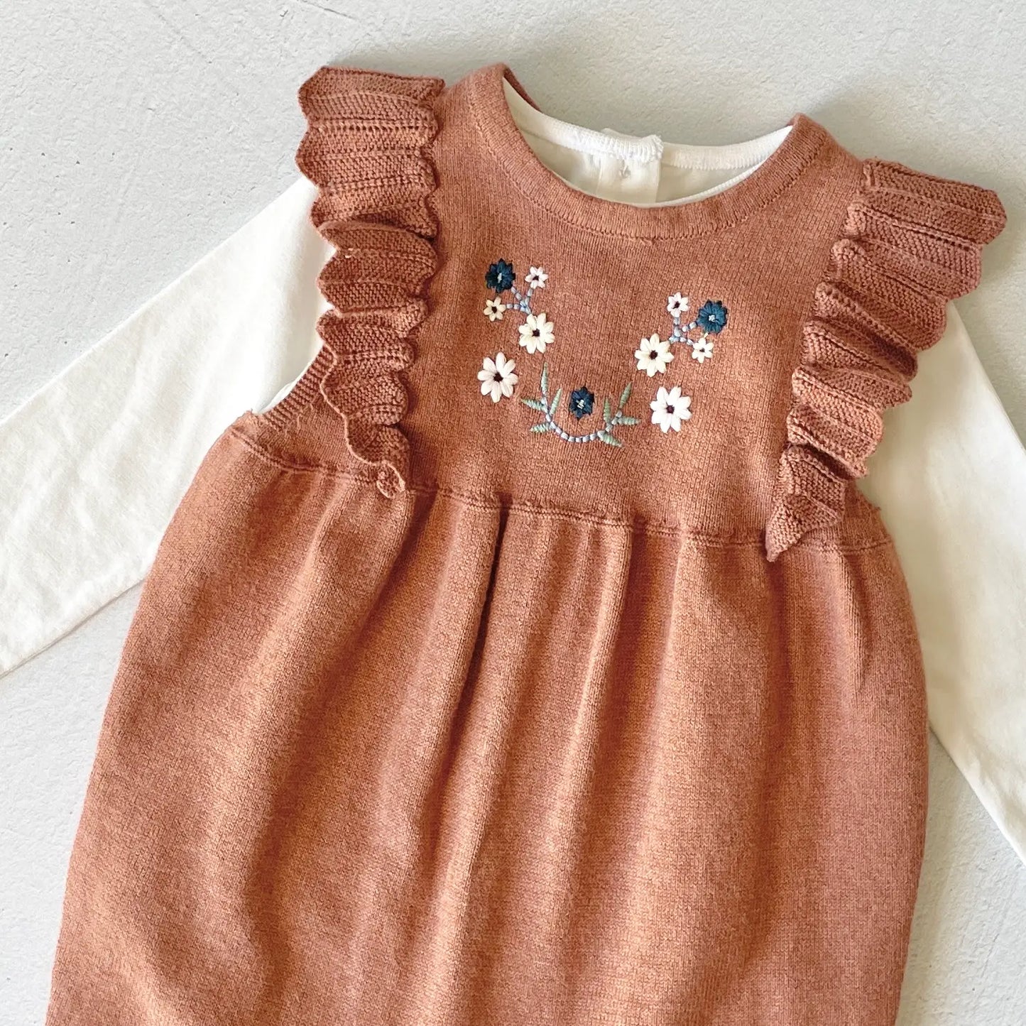 Floral Embroidered & Ruffle Knit Baby Overall+Bodysuit