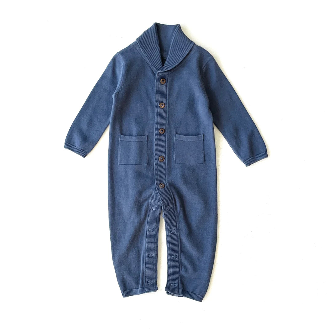 Milan Earthy Knit Shawl Collar & Pocket Baby Jumpsuit (Organic Cotton) - Dark Blue