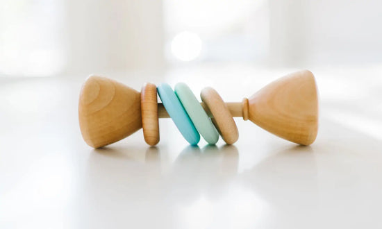 Load image into Gallery viewer, Color Block Classic Wooden Rattle - Mint/Baby Blue
